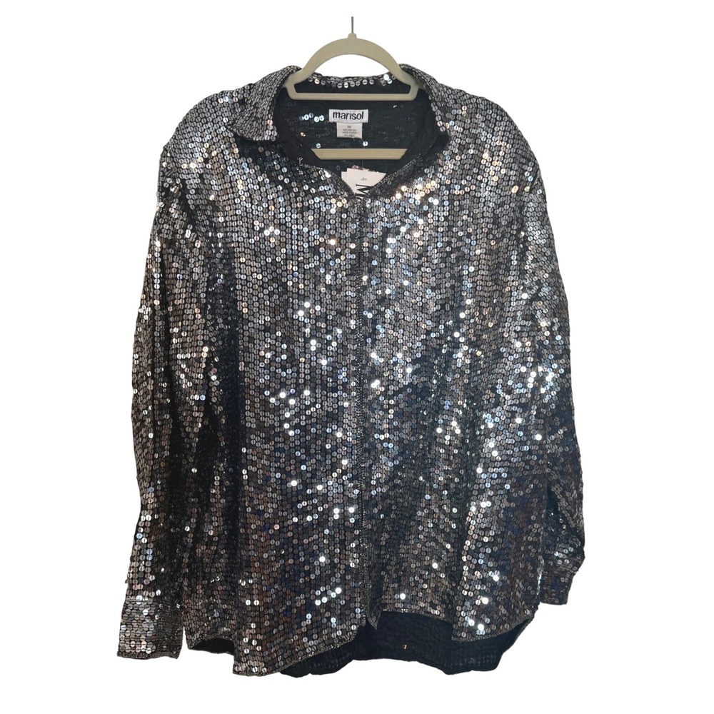 Vtg MARISOL Silver Sequin Button Up Shirt Jacket 3X Grunge Party Rave Disco NEW